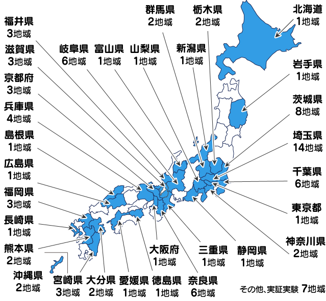 導入地域を示す地図。
        岩手県2地域、群馬県2地域、栃木県2地域、茨城県7地域、千葉県5地域、東京都1地域、神奈川県2地域、静岡県1地域、埼玉県13地域、山梨県1地域、富山県1地域、新潟県1地域、滋賀県2地域、岐阜県6地域、福井県3地域、兵庫県3地域、島根県1地域、広島県1地域、福岡県3地域、熊本県2地域、宮崎県3地域、愛媛県1地域、徳島県1地域、奈良県6地域、三重県1地域、京都府1地域、大阪府1地域、大分県1地域、沖縄県2地域、その他、実証実験5地域